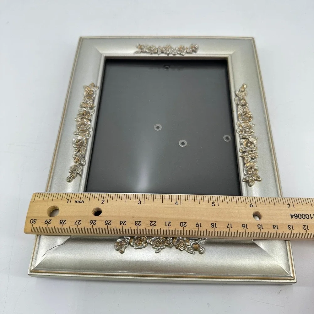 Silver Tone Ornate Floral Rose Picture Frame Tabletop Wall Mount 5x7 Style